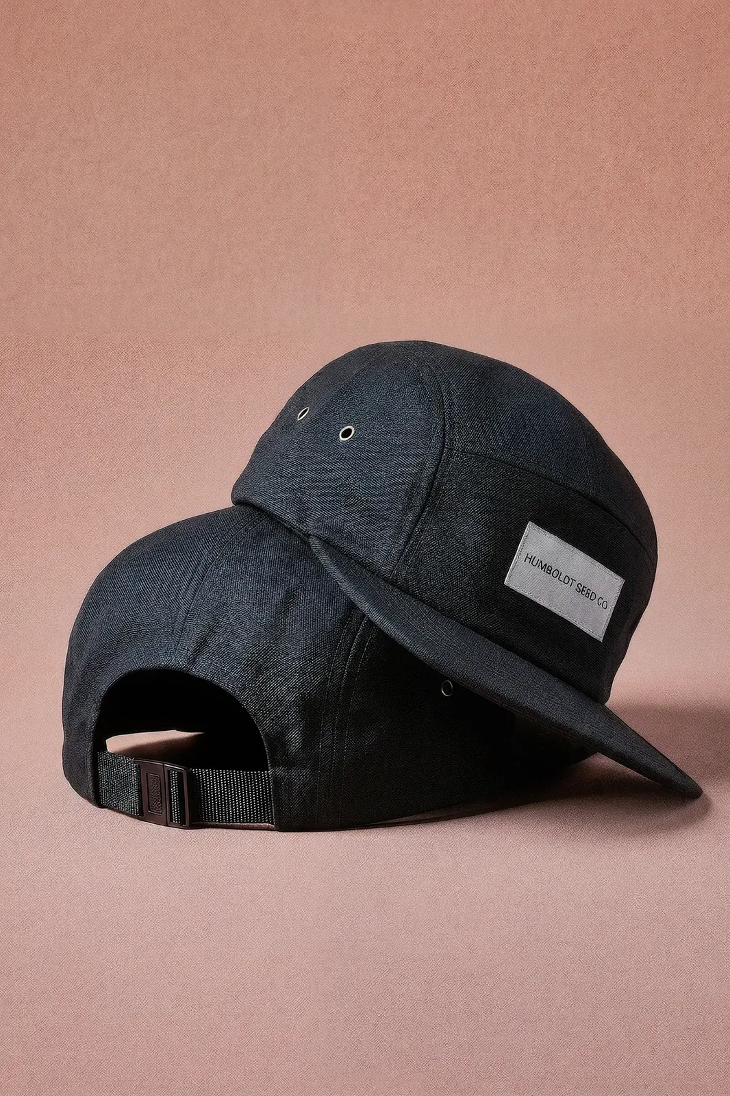 Humboldt Seed Company 5-Panels Cap – black 5-panel cap, two caps showing front and back