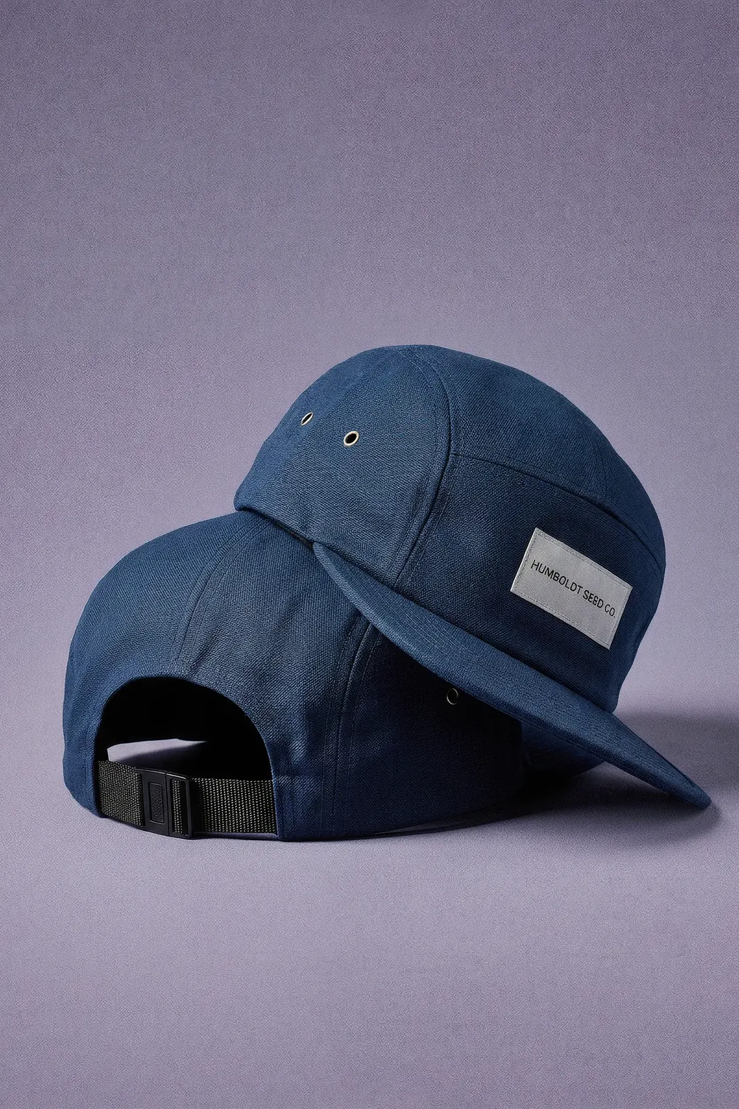 Humboldt Seed Company 5-Panels Cap – blue 5-panel cap, two caps showing front and back
