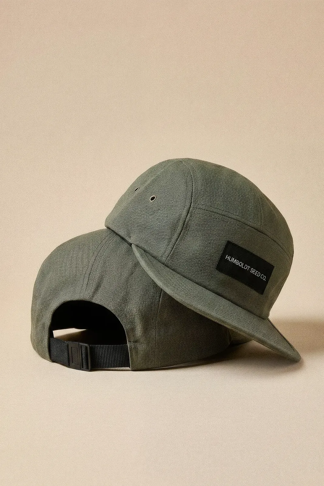 Humboldt Seed Company 5-Panels Cap – olive green 5-panel cap, two caps showing front and back